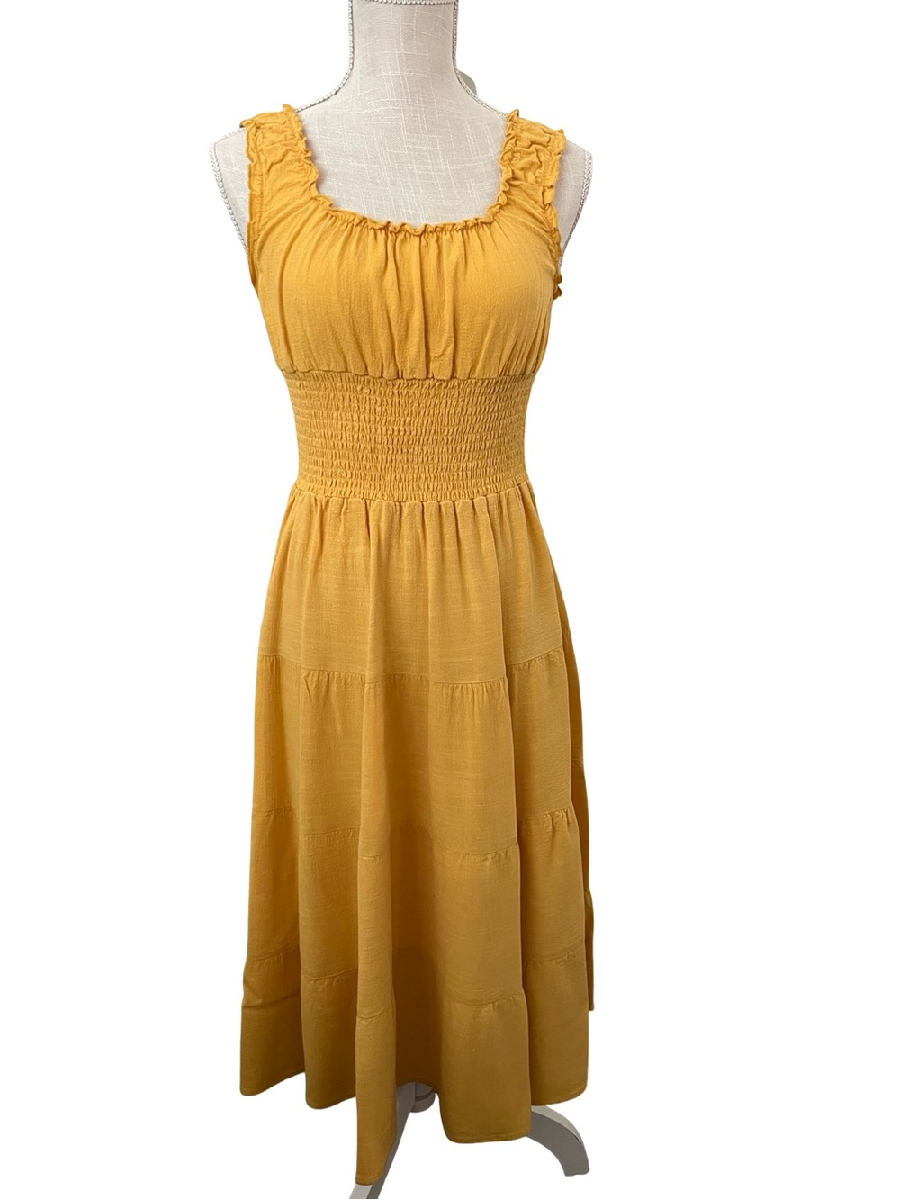 Forever 21 Mustard Tiered Smocked Midi Dress